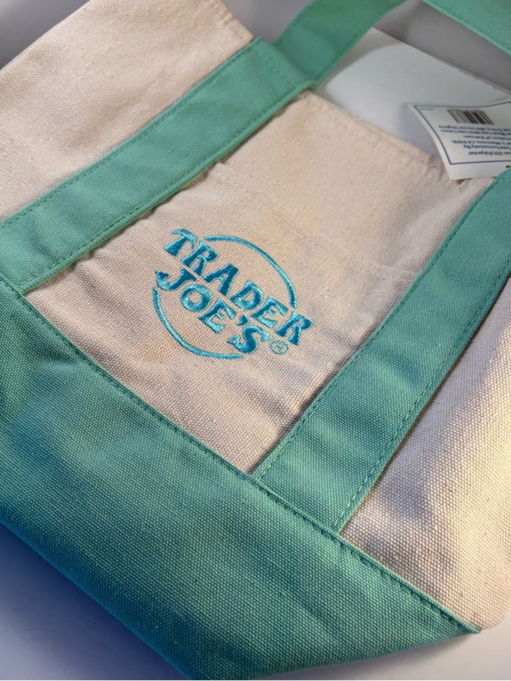 NEW Trader Joe’s Mini Pastel Canvas Tote Bag Teal Embroidered 10.5” x 13” 79986